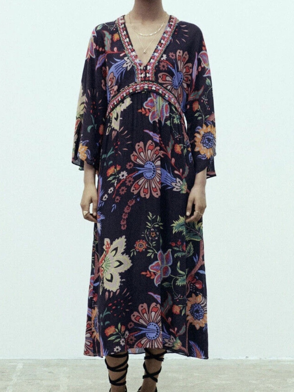 Zara Floral Caftan Maxi Dress Embroidered Boho Glam Black Beaded Size Small